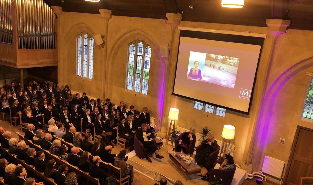 Freshta Karim delivering the Knight Lecture at Monkon School